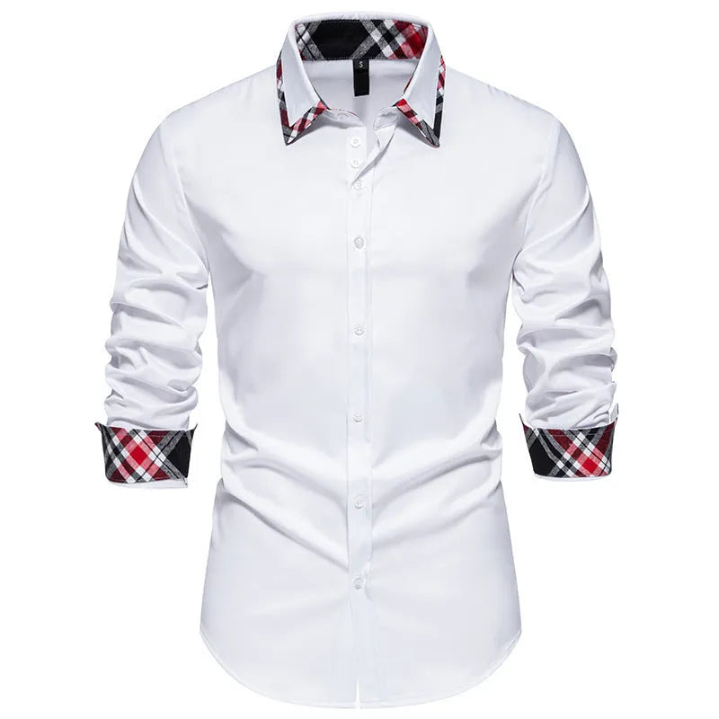 Men's plaid long sleeve shirt with triangle collar in blue, black, or white, showing contrast colour details and casual style.