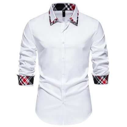 Men's plaid long sleeve shirt with triangle collar in blue, black, or white, showing contrast colour details and casual style.