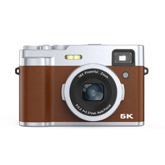 5K HD digital camera in black or brown with dual lenses, optical viewfinder, and 2.88-inch display on front