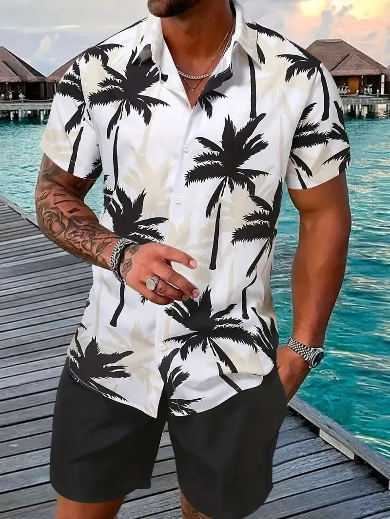 Men's Hawaii 3D printed short sleeve suit with textured patterns on polyester fabric