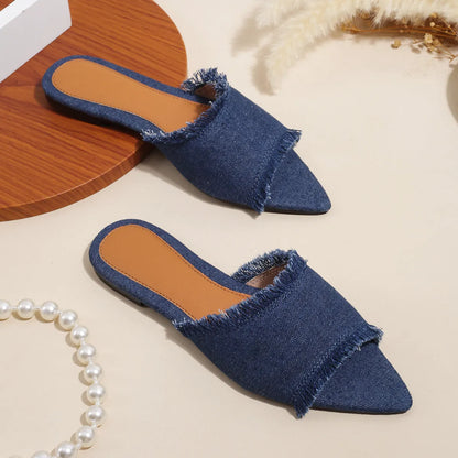 Women's denim casual slippers with tassel detail in various colours