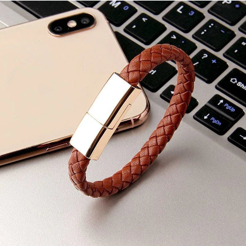 Stylish bracelet charging cable with premium leather and zinc alloy construction, compatible with iPhones, Android, and USB-C devices