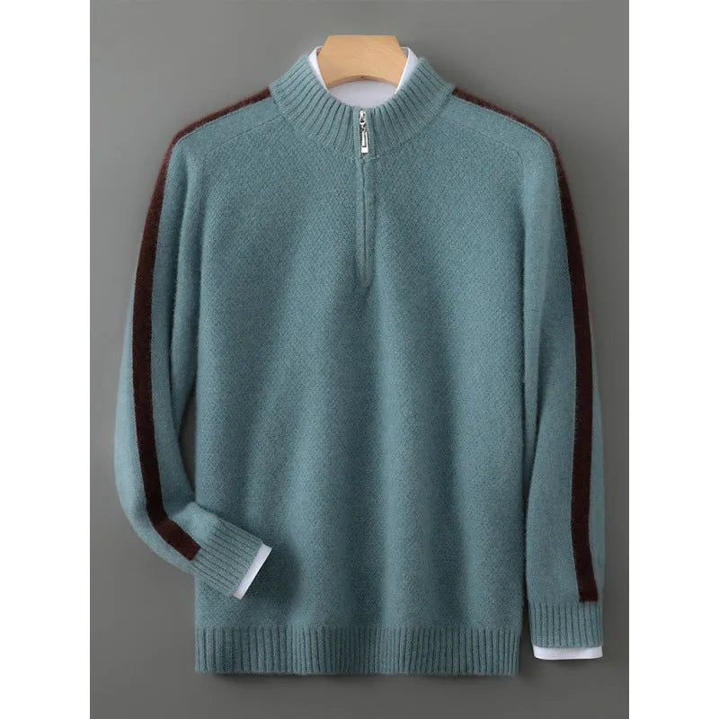 Sheep wool sweater with half-height zip, round neck, and slim fit in raw velvet camel colour