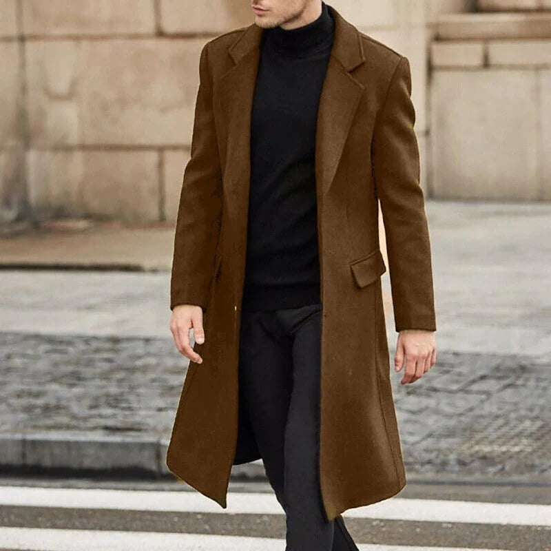 Men's woolen long trench coat in black, gray, khaki, dark brown, and navy blue