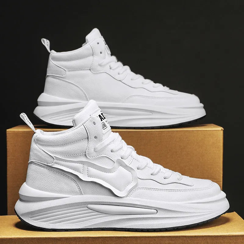 Men's black and white high-top casual board shoes with a round toe and platform sole.