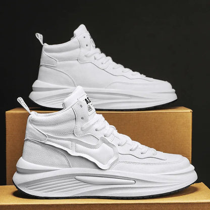 Men's black and white high-top casual board shoes with a round toe and platform sole.