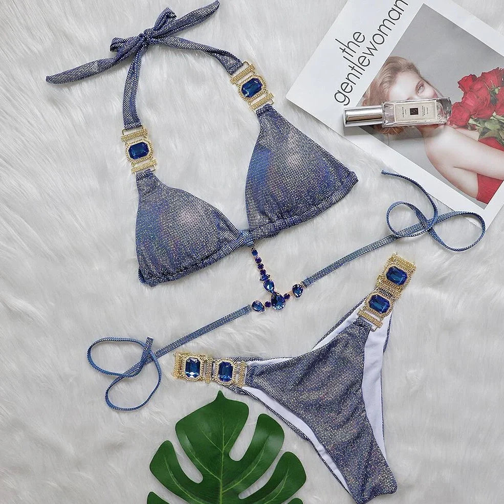 Halter bikini set with adjustable ties and metallic glitter finish in silver, blue, gold, or green