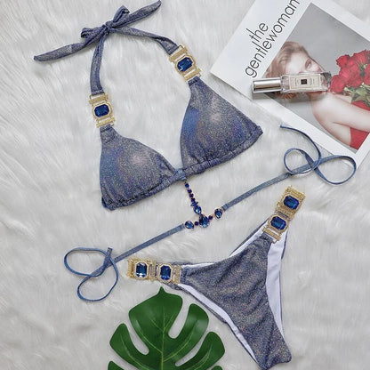 Halter bikini set with adjustable ties and metallic glitter finish in silver, blue, gold, or green