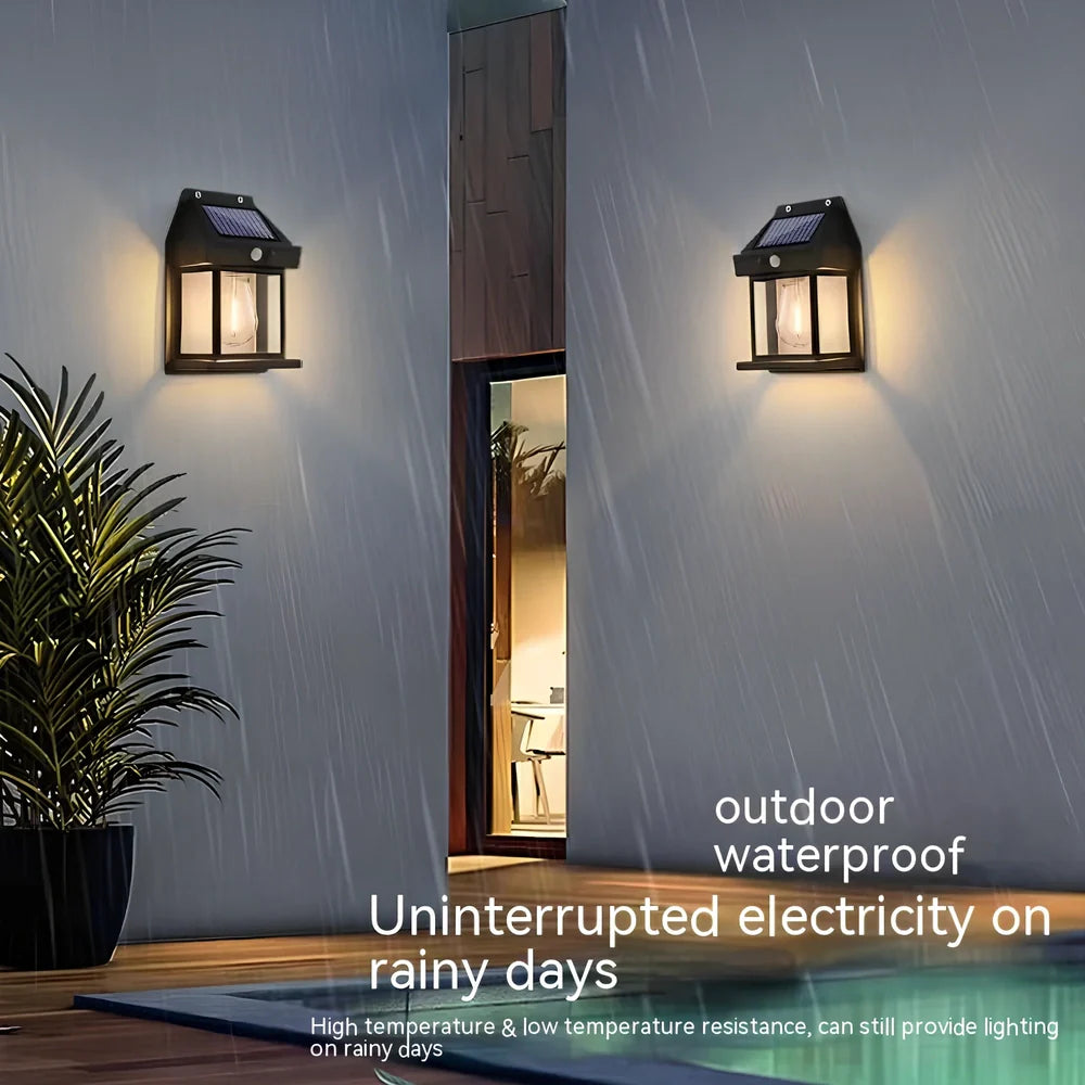 Black solar garden wall lamp with waterproof IP65 rating and automatic light sensor for outdoor installation