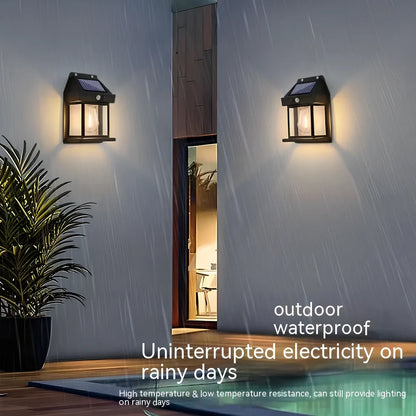 Black solar garden wall lamp with waterproof IP65 rating and automatic light sensor for outdoor installation