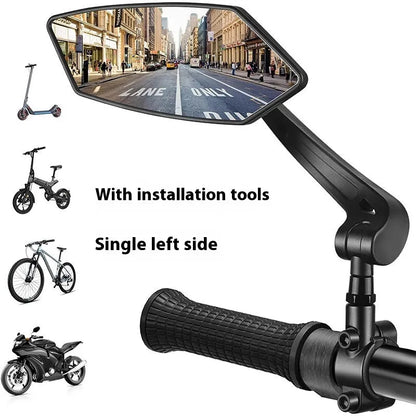 Black bicycle rearview mirror with 360 rotation adjustment for 2-2.4cm handlebars, shown with installation tools