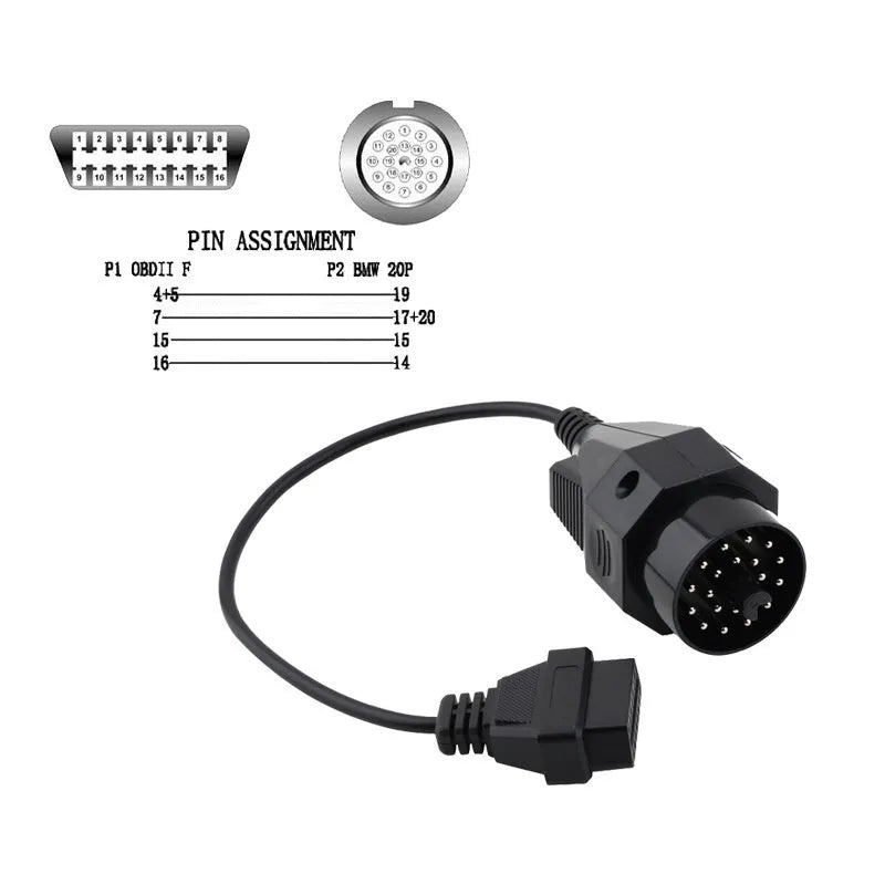 OBD2 BMW 20-pin to 16-pin diagnostic connector cable with corrosion-resistant connectors