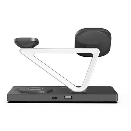 Wireless charging station with magnetic phone bracket, circular charging base and watch dock in black or white