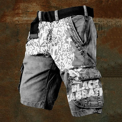 Men's digital printed zip shorts in polyester fabric showing colour and pattern options