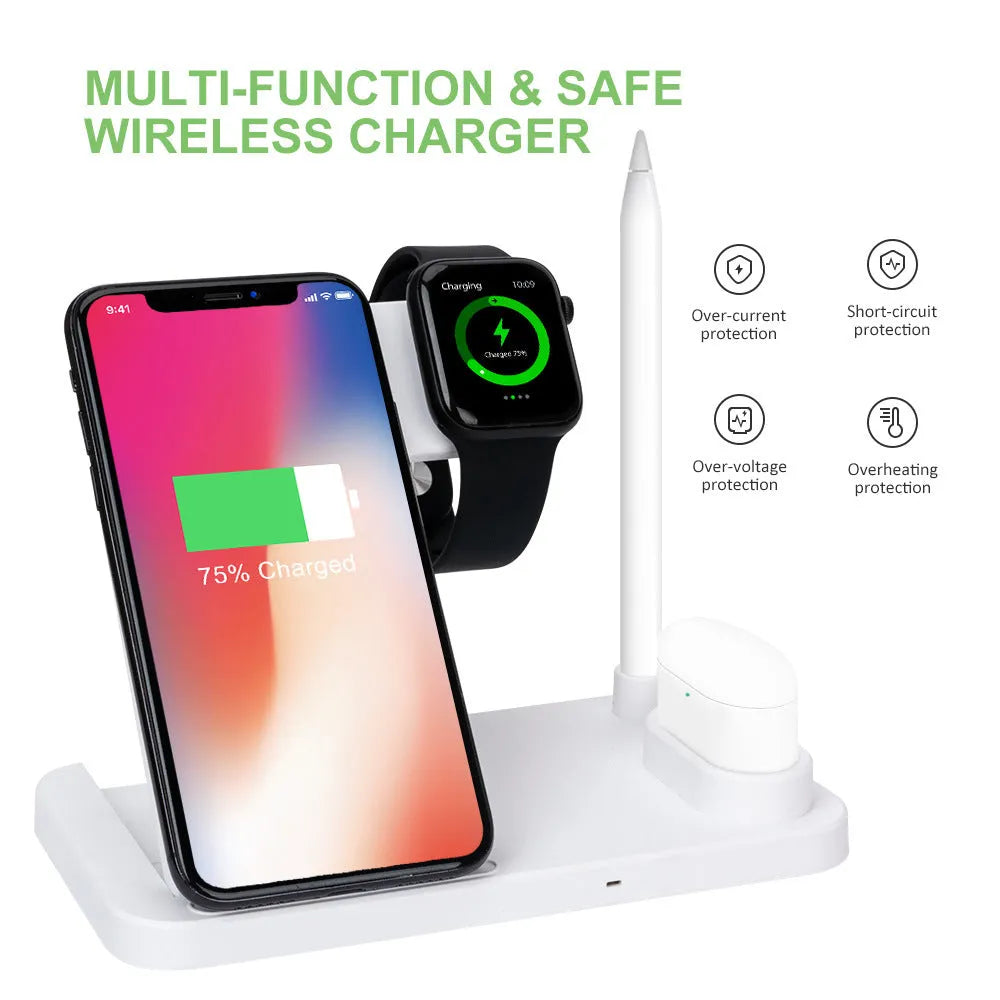 Black folding 4-in-1 wireless charger open, showing iPhone, Apple Watch, AirPods, and Apple Pen charging simultaneously.