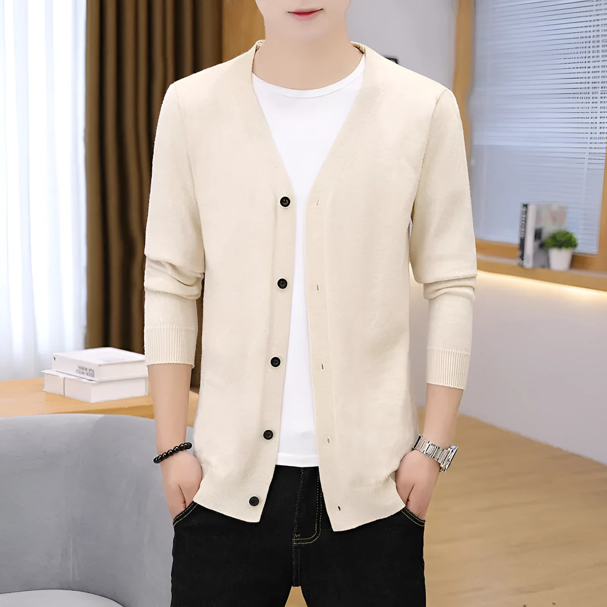 Men's thick slim fit cardigan knit jacket, long sleeve polyester, sizes M to 5XL, beige black navy blue
