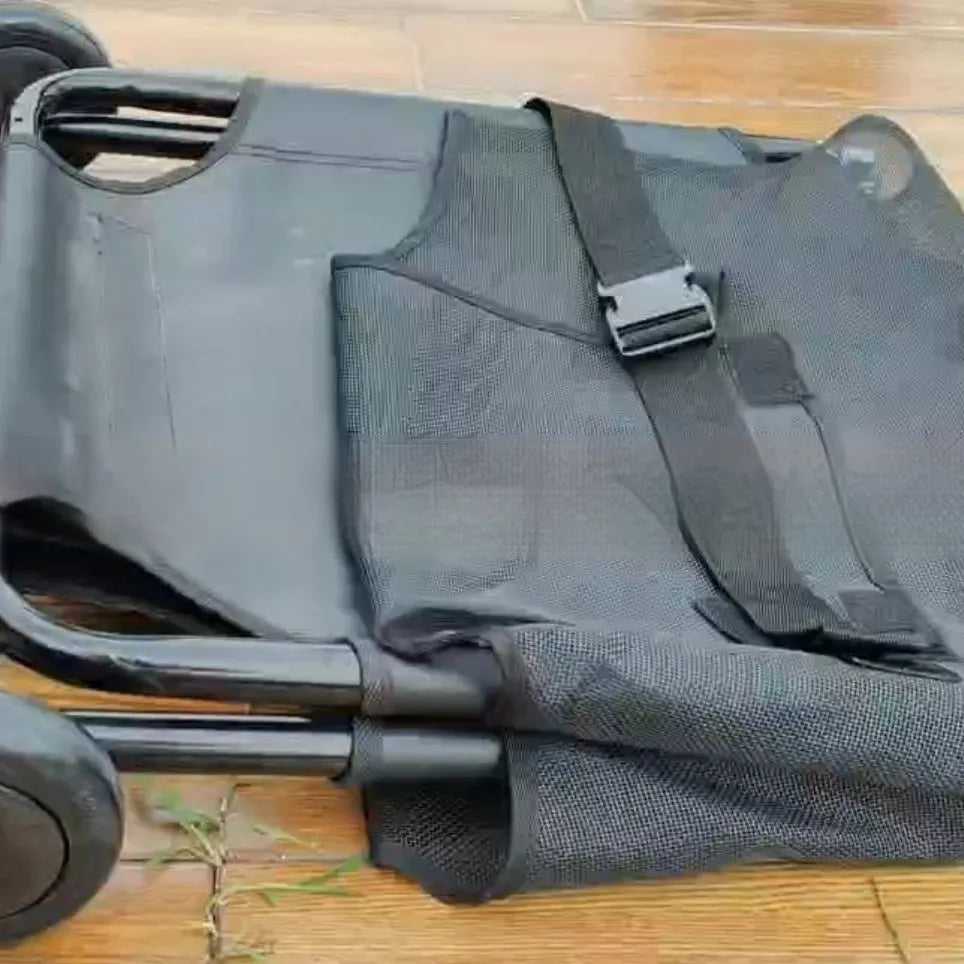 Black aluminium alloy pet stretcher shown extended and folded with carrying straps