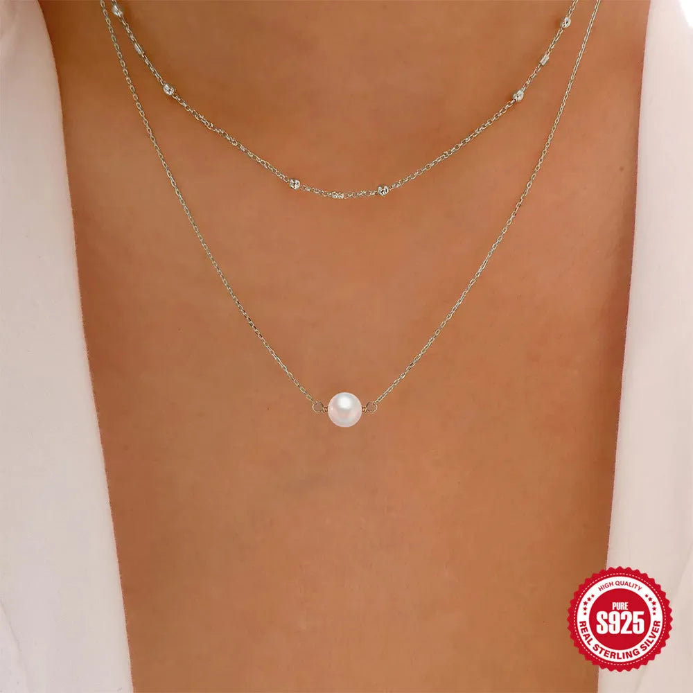 S925 sterling silver double layer necklace with twin pearls and geometric pendant in gold or white gold colour