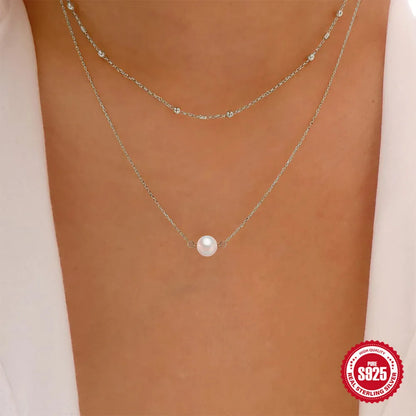S925 sterling silver double layer necklace with twin pearls and geometric pendant in gold or white gold colour