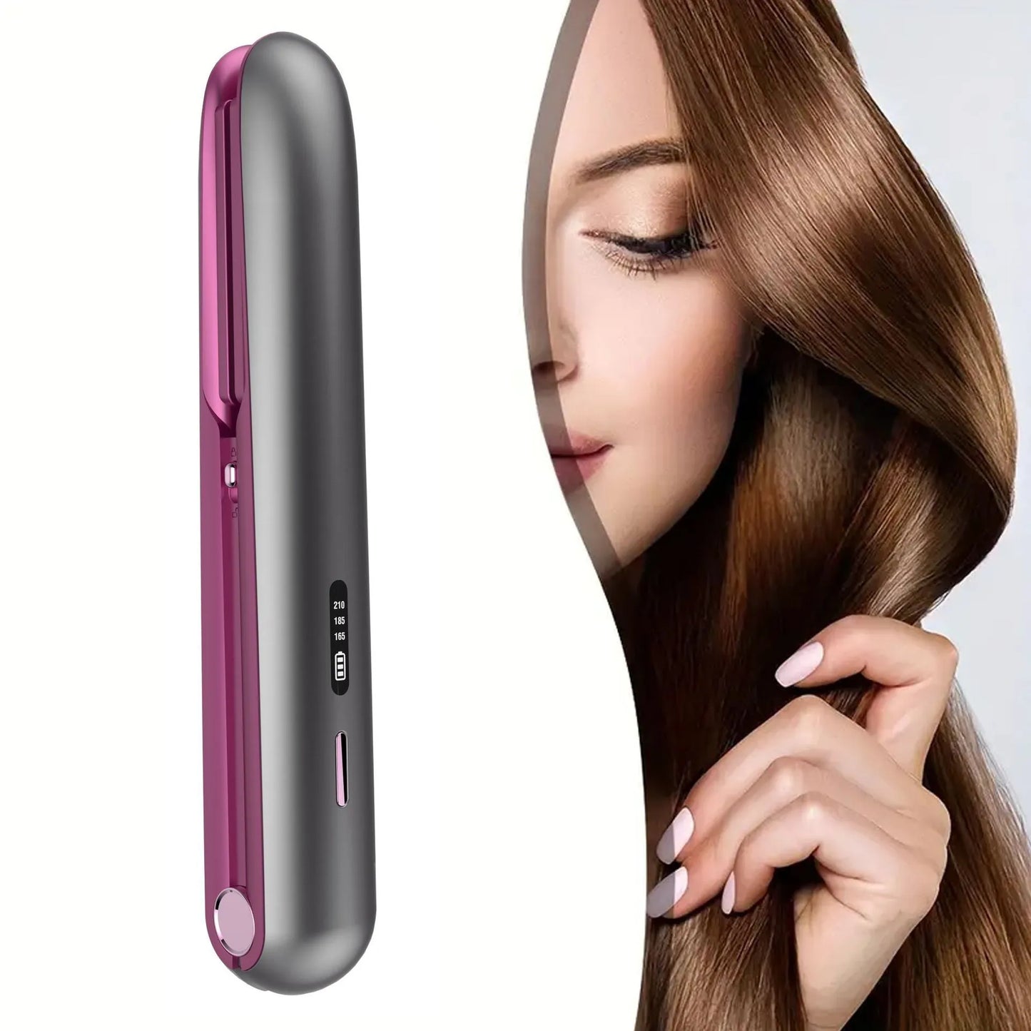 Moon shadow grey wireless hair straightener with tourmaline ceramic heating plates and temperature control display