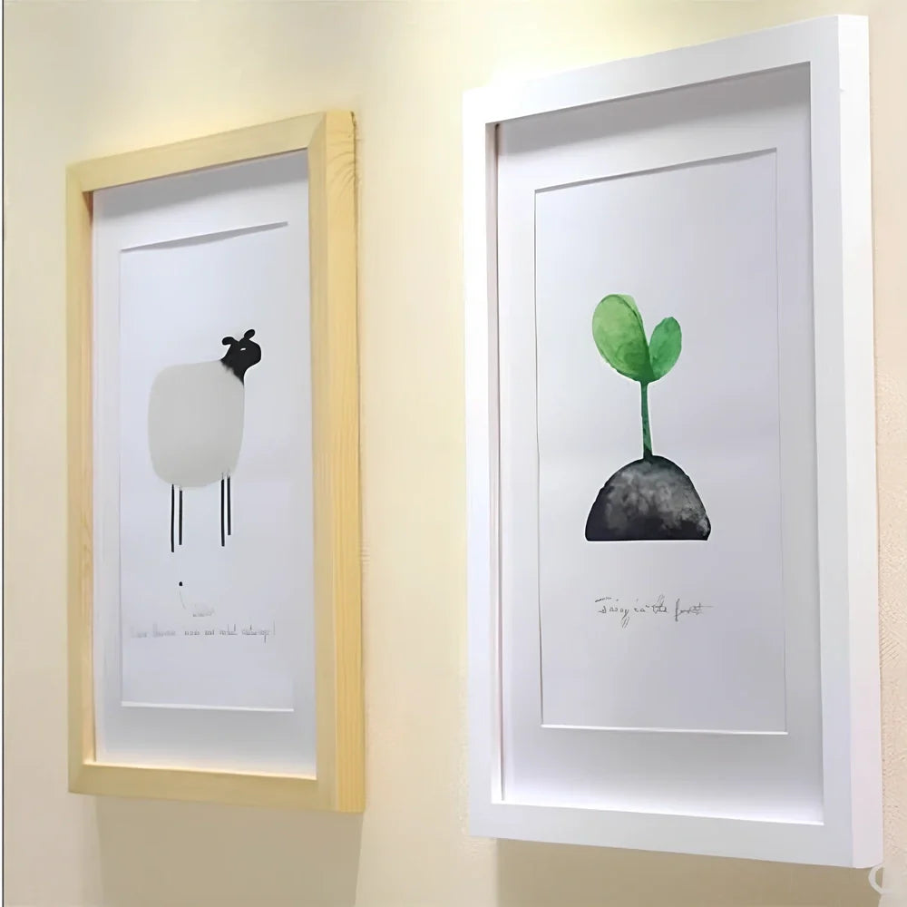 Rectangular solid wood photo frame with baking paint finish showing colour options and size variations