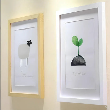 Rectangular solid wood photo frame with baking paint finish showing colour options and size variations