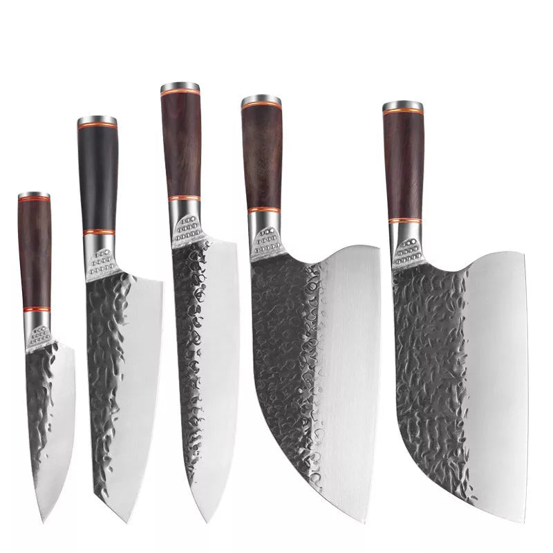 Forged Hammer Pattern Cutting Tool Stainless Steel Set with various knives and sheaths