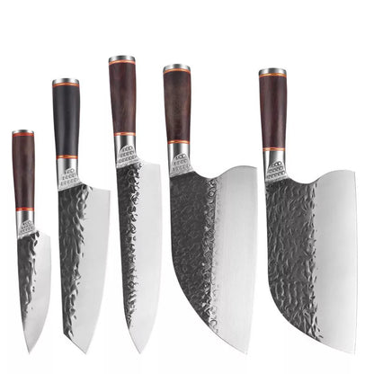 Forged Hammer Pattern Cutting Tool Stainless Steel Set with various knives and sheaths
