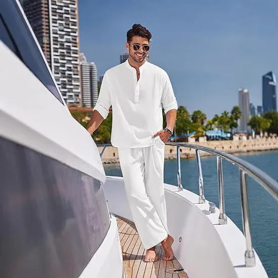 Men's casual cotton long sleeve trousers suit in solid colours on a hanger.
