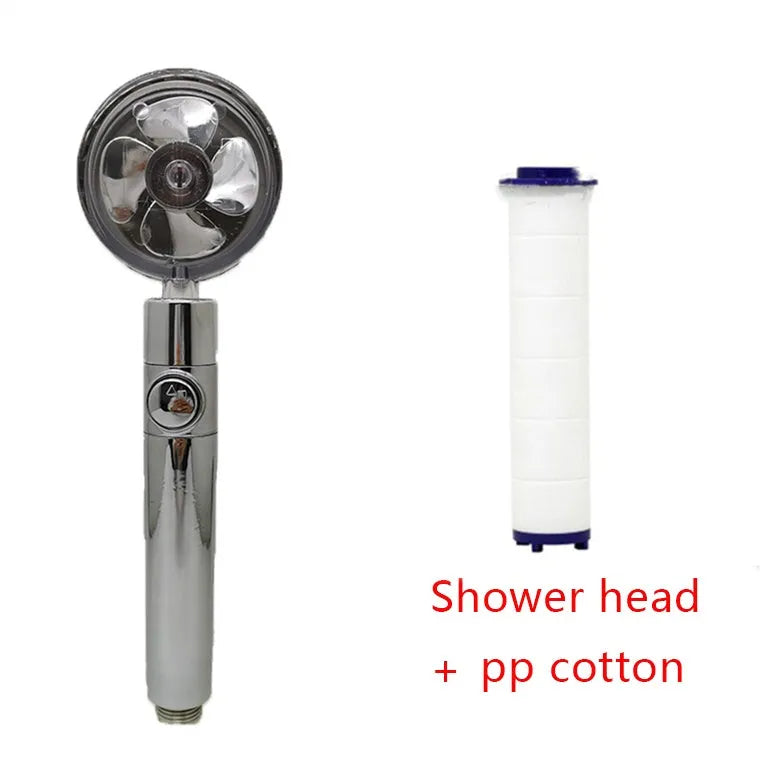 Chrome-finished ABS plastic water-saving shower head with a round, rotating spray head.