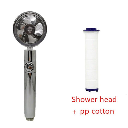 High-performance water-saving shower head with 360-degree rotation and fan feature, offering a luxurious shower experience