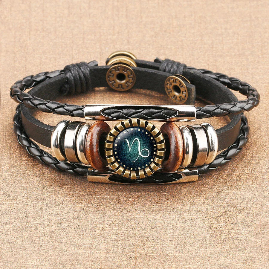 Stylish Zodiac Leather Bracelet with Captivating Glass Picture Display