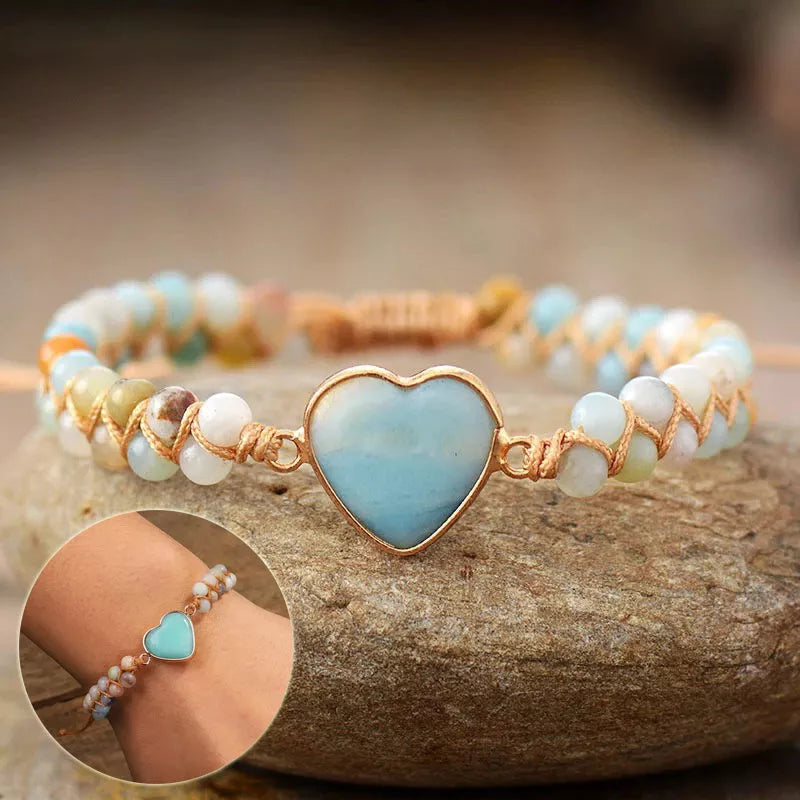 Adjustable heart charm bracelet with blue-green amazonite stones and braided macrame wristband