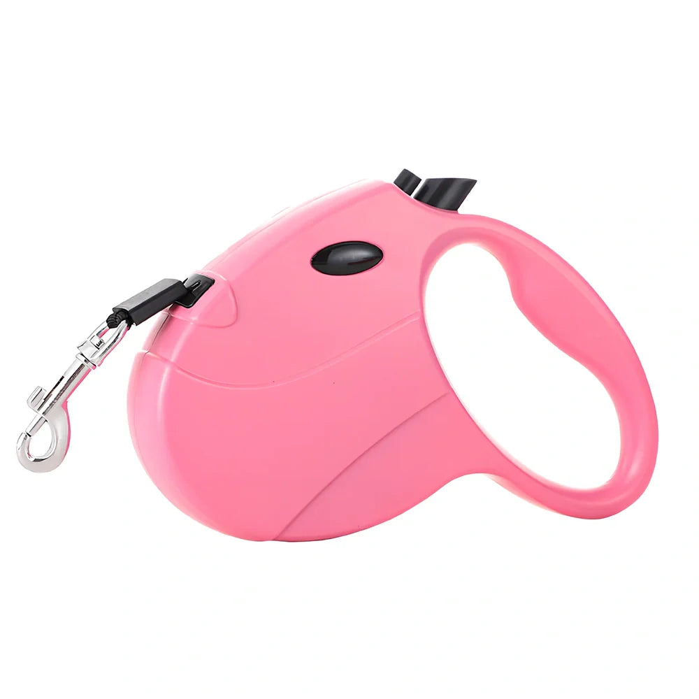 Automatic telescopic pet traction rope showing compact 140x168mm size and ABS plastic construction
