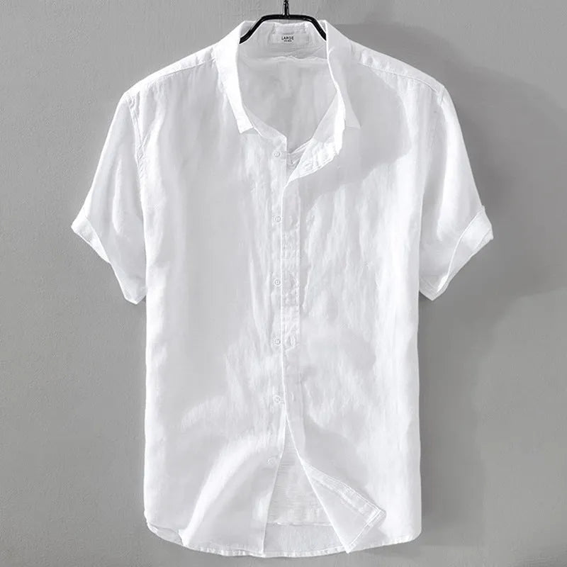 Men's light blue short sleeve linen blend casual shirt with a loose fit.