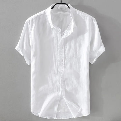 Men's light blue short sleeve linen blend casual shirt with a loose fit.