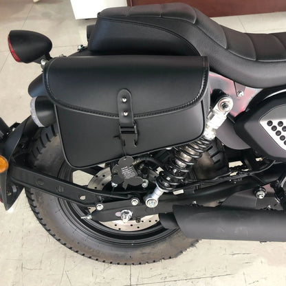 Black PU leather motorcycle swingarm side saddlebag for Harley Sportster with dimensions 30x24x20cm