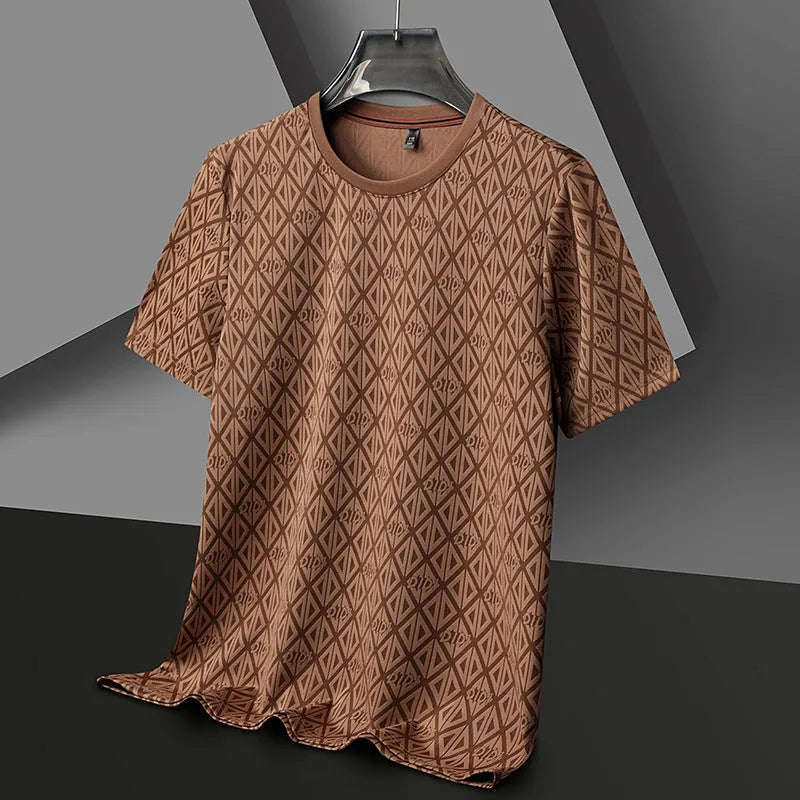 Men's black loose fit short sleeve t-shirt with round neck in ice silk jacquard fabric