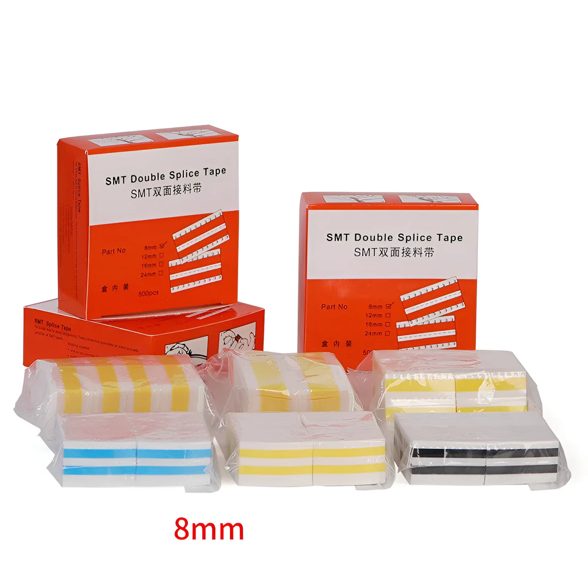 Reels of yellow, black, blue, and beige double-sided splicing tape for SMT placement machines in various widths.