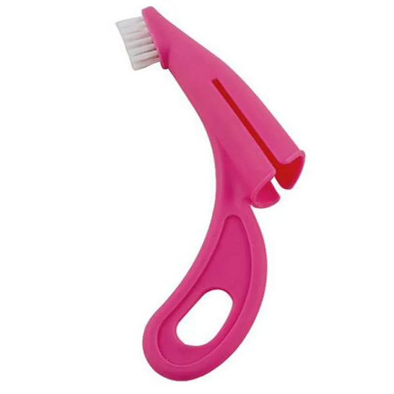 Red and white pet finger toothbrushes with soft silicone bristles for cleaning dog and cat teeth.