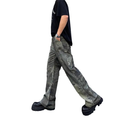 Men's retro camouflage jeans in straight-leg cut with digital direct injection pattern on cotton denim fabric