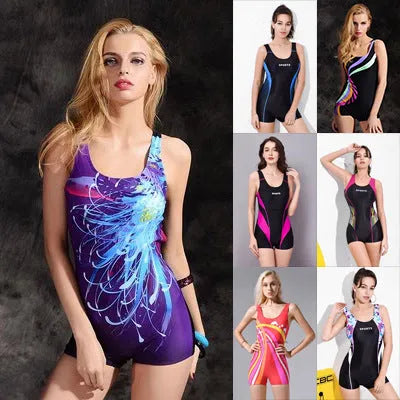 Women's quick-drying one-piece swimsuit in black and blue colour, showing conservative style and sleeveless design for swimming sports