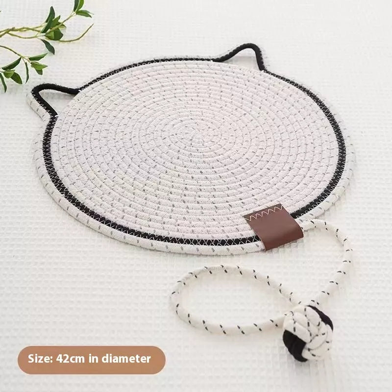 Braided cotton rope cat claw mat with integrated toy ball in various colors