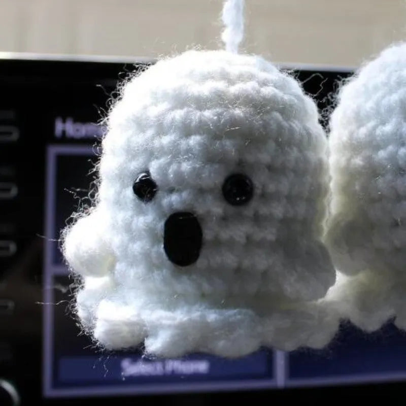 Soft, hand-woven plush car hanging ornament in a cartoon character design.