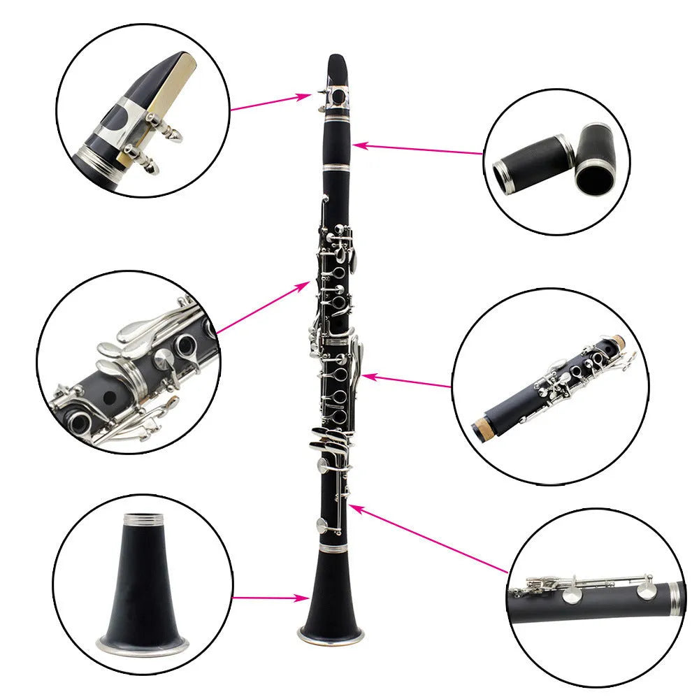 Black Bakelite clarinet with nickel-plated keys, 67cm long, shown with protective bag for beginner musicians