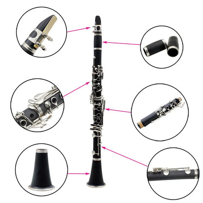 Black Bakelite clarinet with nickel-plated keys, 67cm long, shown with protective bag for beginner musicians