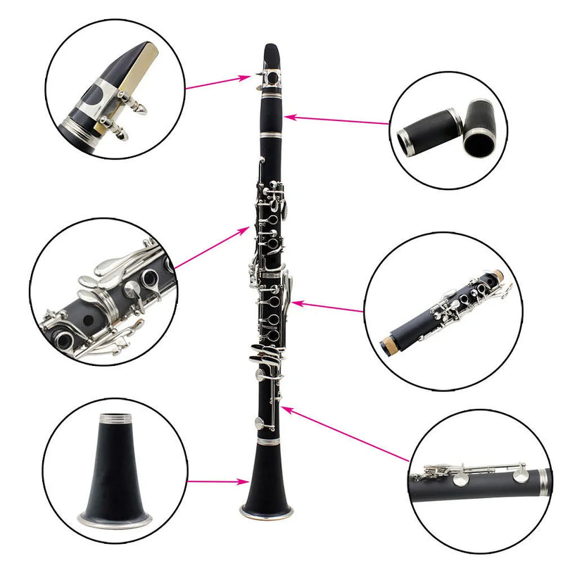 Clarinet Bakelite Nickel Plated Clarinet 17 Key Beginner Grade Test Playing Instrument: A 67cm long, 17-key woodwind with nickel-plated keys and a durable Bakelite body for student musicians learning proper fingering techniques.
