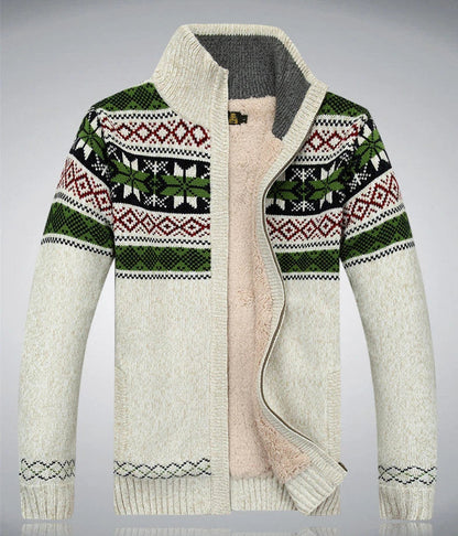 Cozy and stylish men's velvet cardigan sweater in blue, white, red, and grey colors