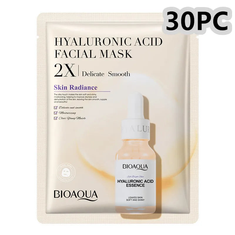 Collagen and hyaluronic acid facial sheet mask set with four variant packages showing 30g gel masks