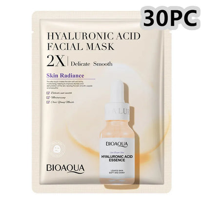 Collagen and hyaluronic acid facial sheet mask set with four variant packages showing 30g gel masks